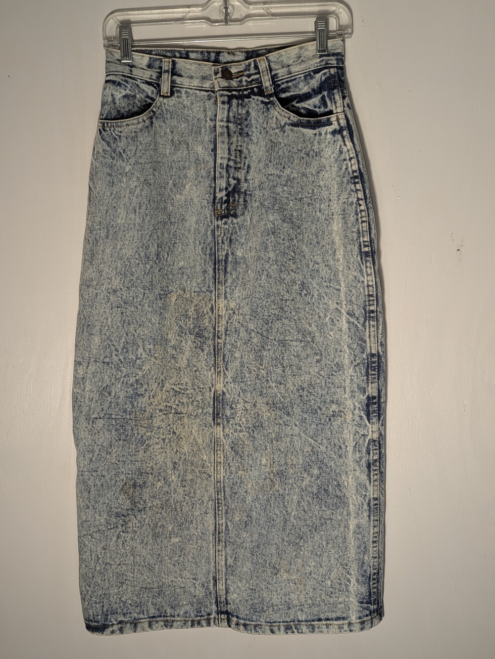 Vintage 80s The Clothing Academy Acid Wash Denim Maxi Skirt Size 9 24" Waist